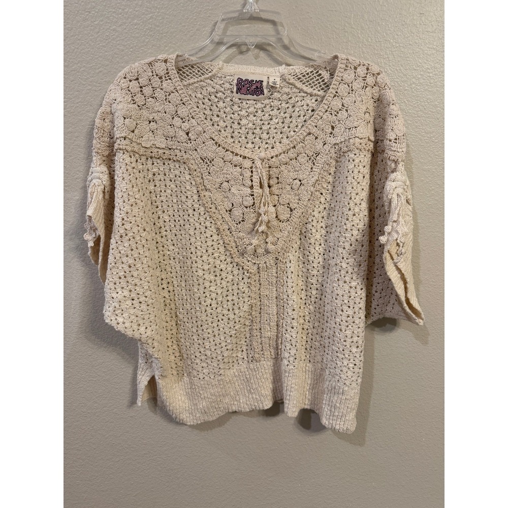 Rosie Neira Cream Crochet Knit Lace Floral Boho Top Medium Womens Ivory Sweater
